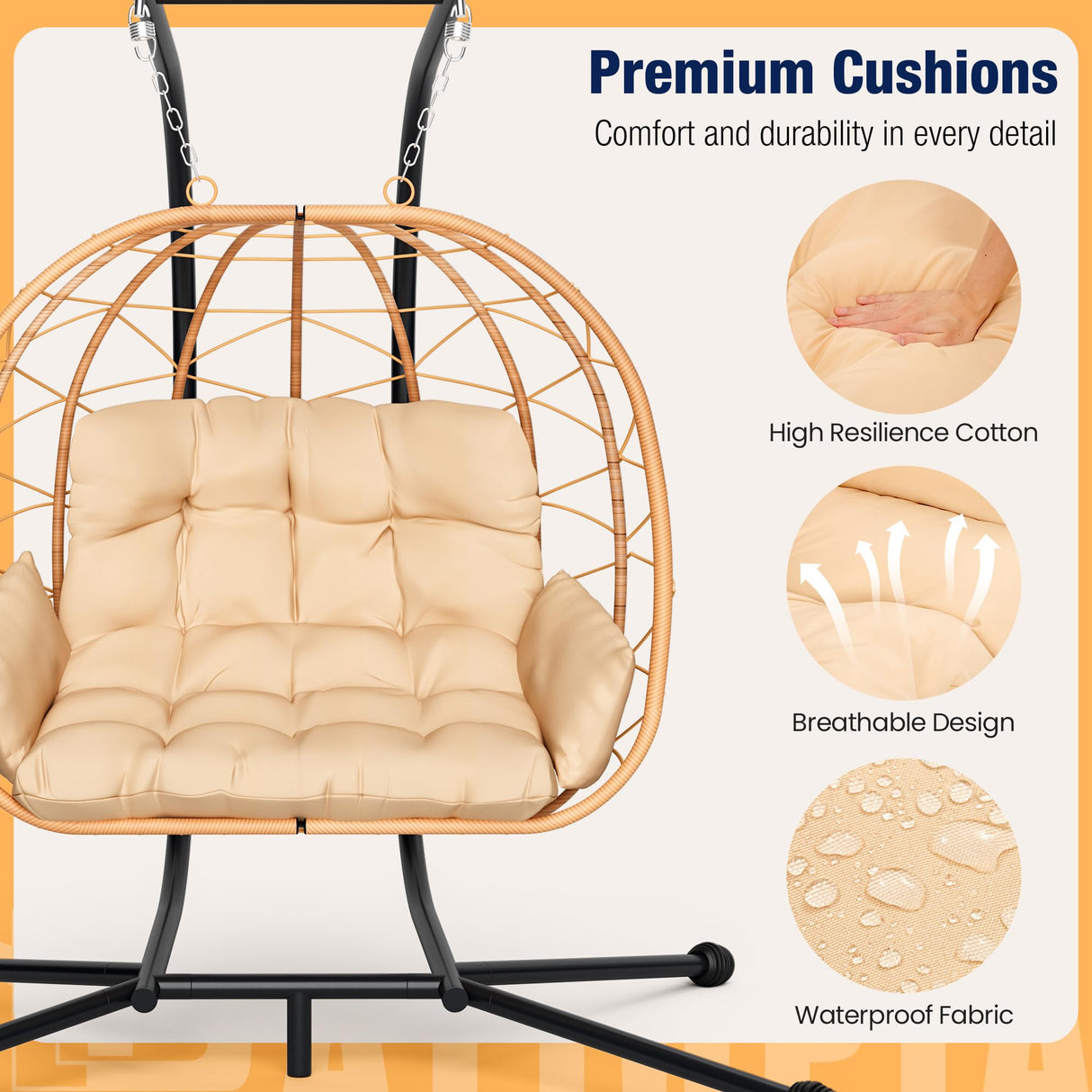 Pamapic 700 LBS Double Egg Chair Outdoor, UV Resistant Cushions Hanging Egg Chair with Armrests & Headrest, Thick Steel Frame Egg Swing Chair with Stand, for Relaxing & Reading Outside/Inside(Beige) Pamapic