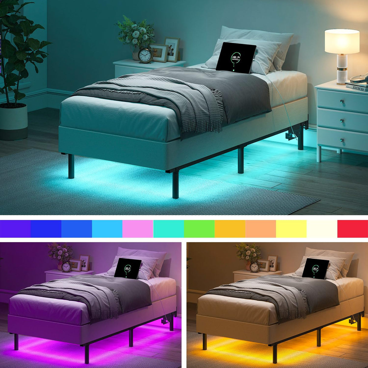 QEROMY Twin Bed Frame for Box Spring, 7 Inch Metal Bed Frame with LED Lights, 9-Legs Support Bed Base, Tool-Free Easy Assembly QEROMY