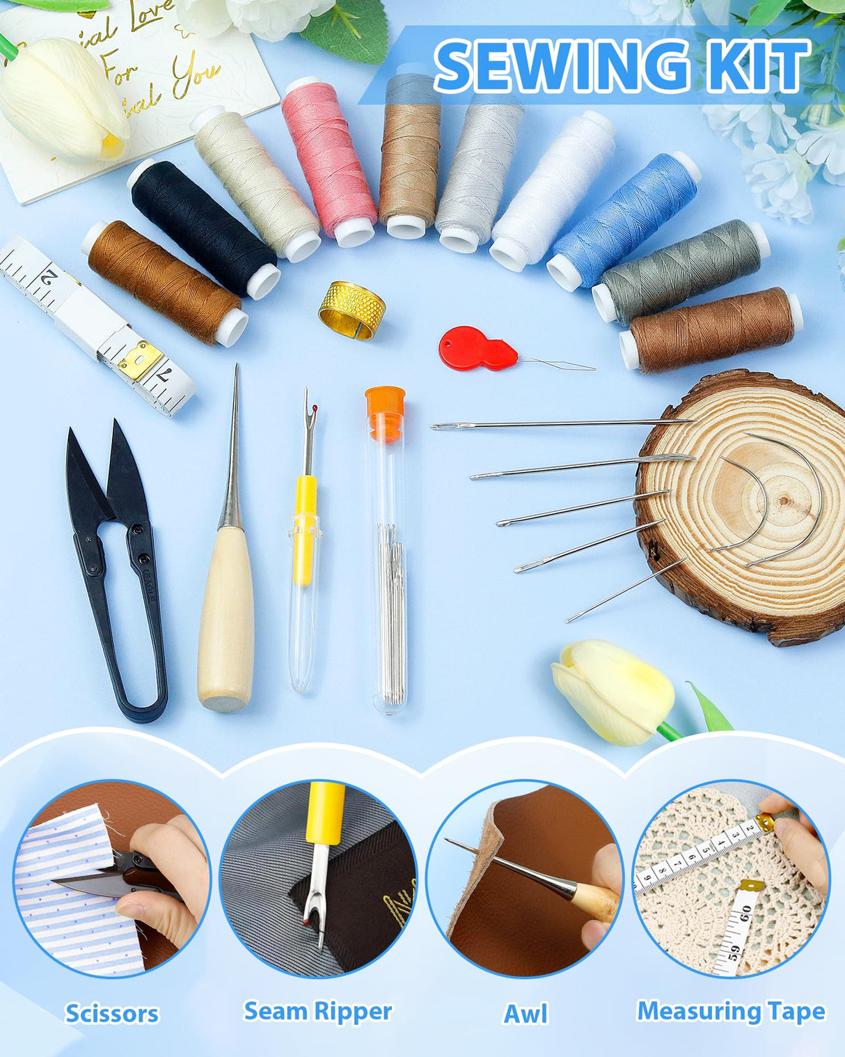 PLANTIONAL Upholstery Repair Sewing Kit: 47 Pieces Heavy Duty Sewing Kit with Sewing Awl, Seam Ripper, Leather Hand Sewing Stitching Needles, Sewing Thread for Car, Sofa, Backpack, Shoe, Craft DIY PLANTIONAL