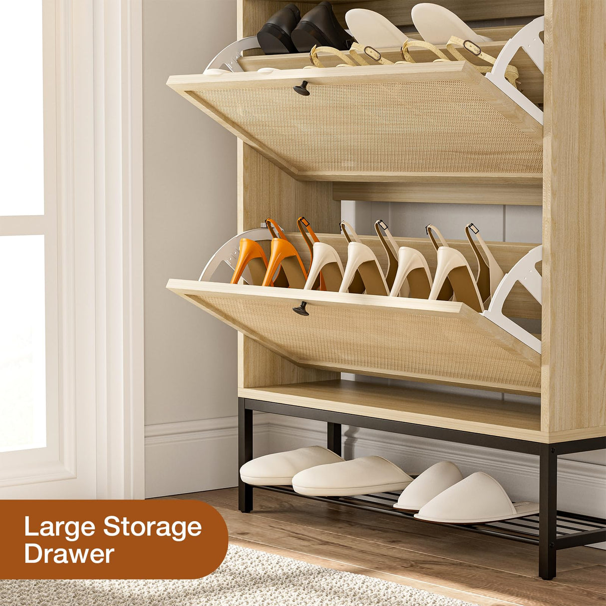 IKIFLY Natural Rattan Shoe Cabinet with LED Light, Shoe Rack Cabinet with 2 Flip Drawers & Open Shelves, Narrow Shoe Cabinet with Metal Legs, Shoe Storage Cabinet for Entryway, Living Room, Apartment IKIFLY