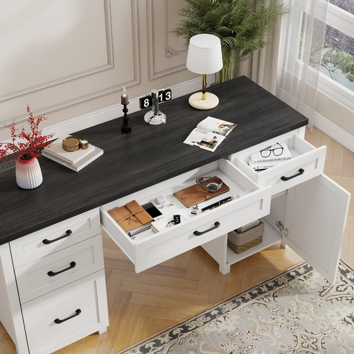 Farmhouse 61'' Executive Desk with 5 Drawers, Rustic Office Desk Computer Desk with Charging Station, File Drawers and Storage Cabinet, Wood Workstation for Home Office and Study.(Black Top) Vabches