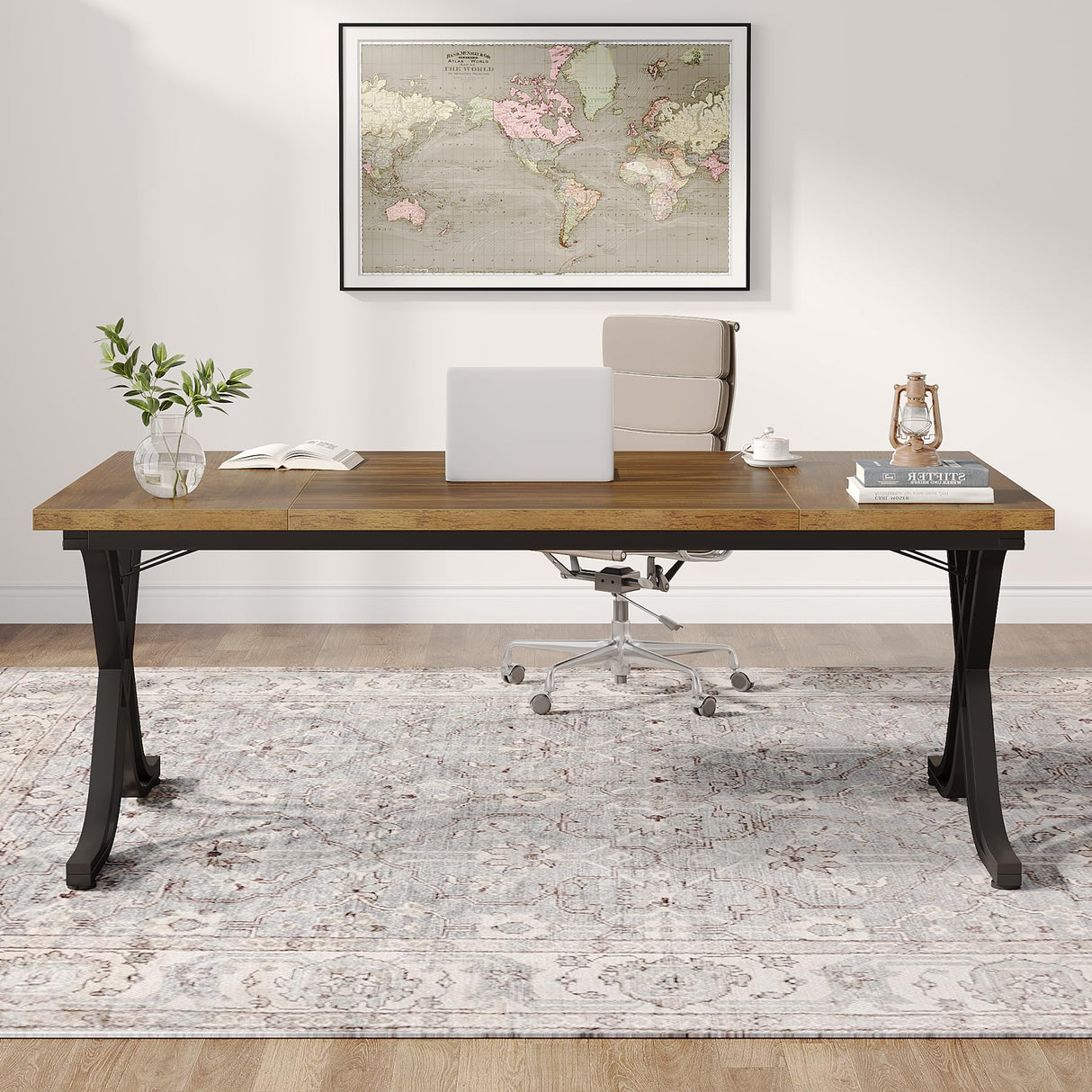 Tribesigns 63 Inch Executive Desk, Large Office Computer Desk with Thick Wooden Tabletop and Metal Frame, Modern Simple Workstation Writing Table Study Desk for Home Office, Rustic Brown Tribesigns