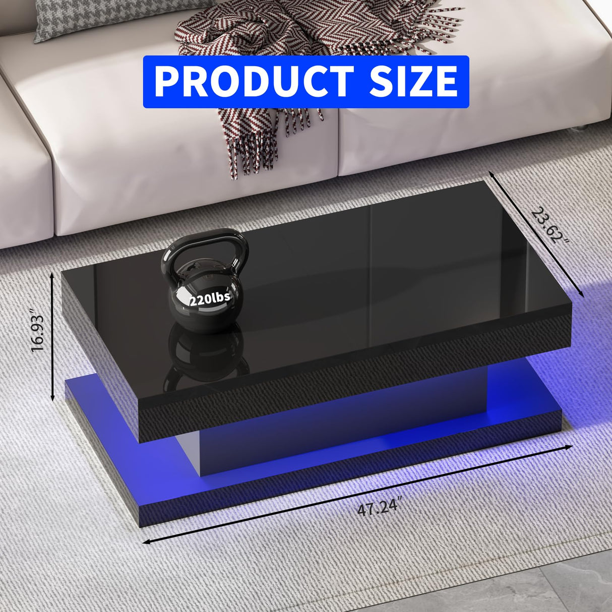 Black Coffee Table with LED Lights – 47.3" Modern Coffee Table with Hidden Storage & Sliding Top – Smart Living Room Table with High Gloss Finish GOFEI