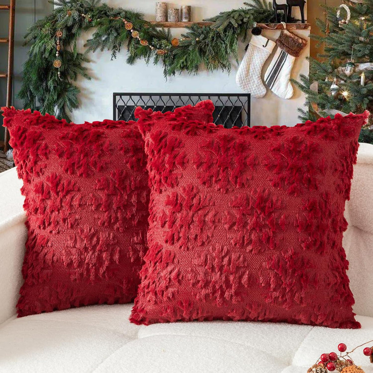 Christmas Pillow Covers 18'' x 18'' Set of 2, Soft Faux Rabbit Fur 3D Embroidery Snowflakes Throw Pillow Covers For Holiday Christmas Decor Sofa, Couch, Party, Invisible Zipper, Skin-Friendly TOYPOPOR