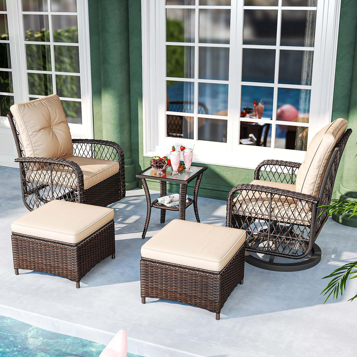 Jolydale 5 Pieces Patio Furniture Set Outdoor Wicker Rattan Swivel Gliders Rocker Patio Bistro Set with Rocking Chairs and Side Table for Deck, Backyard, and Porch, Beige Jolydale