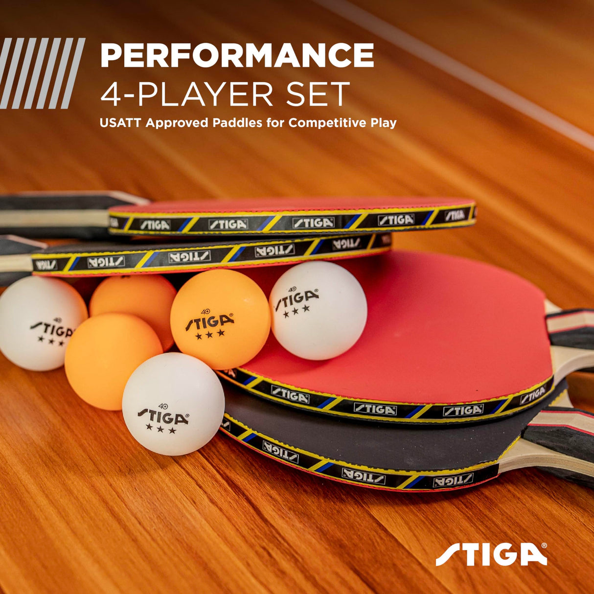 STIGA Performance 4 Player Ping Pong Paddle Set of 4 – Table Tennis Rackets, 6 – 3 Star Orange and White Balls Stiga