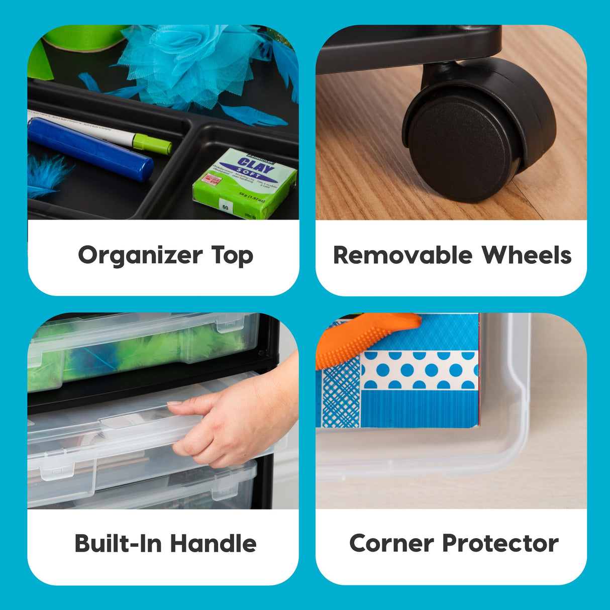 IRIS USA Fits 12" x 12" Paper, 6-Tier ScrapbookRolling Storage Cart with Organizer Top for Papers Vinyl Tools Office Art and Craft Supplies, Yarn, Black Frame with 6 Clear Cases w/ Built in Handle IRIS