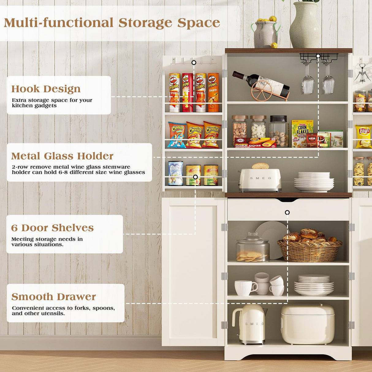 SYESWAY Kitchen Pantry Cabinet, 71”Tall Storage Cabinet with Glasses Rack, 10 Hooks, 6 Door Shelves, Freestanding Cupboard with Barn Doors, Pantry Cabinets for Kitchen, Dining Room, White SYESWAY