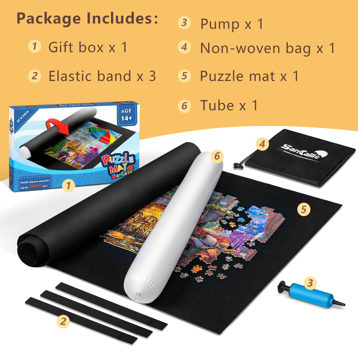 Sancallie Jigsaw Puzzle Mat Roll Up, 51"x34" Jigsaw Storage Felt Mat, Jigroll up to 2,000 Pieces, Gift Box with Drawstring Storage Bag, 3 Elastic Band, Hand Pump, Portable Puzzle mat Sancallie