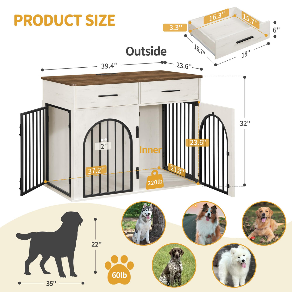 Hzuaneri 39.4'' Large Dog Crate Furniture with 2 Storage Drawers, Heavy Duty Dog Kennel Indoor with Charging Station, Wooden Dog Cage End Table Kennel for Medium/Large Dogs, White Brown DFC84214B Hzuaneri