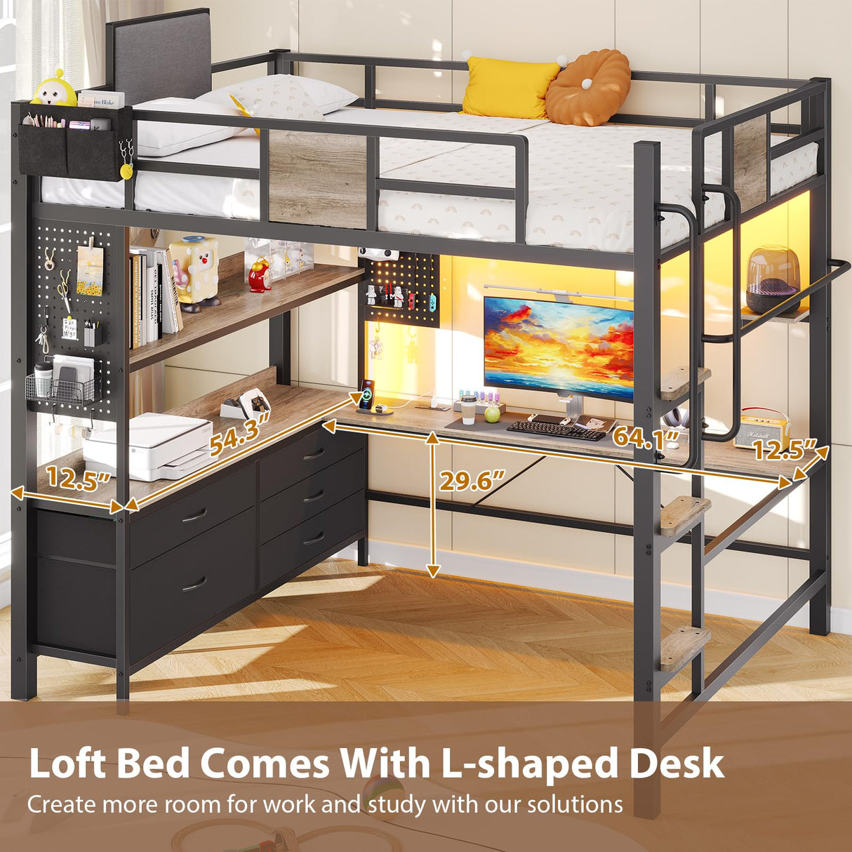 Dnxao Full Loft Bed with Desk and 5 Storage Drawers, Loft Bed Full Size with Desk,1 Bedside Organizer,Removable Ladder,LED Lights and Charging Station,Clothes Rail,Safety Guard,Oak Gray Dnxao