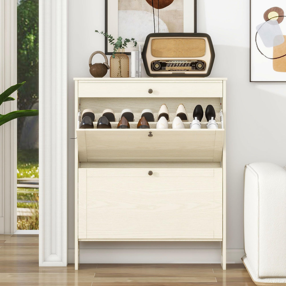 FTZxHKLX Shoe Cabinet with 2 Flip-Up Doors & Drawer, Slim Shoe Cabinet with Adjustable Shelves & Elevated Design, Freestanding Narrow Shoe Storage Organizer for Entryway, Hallway, Foyer, Light Oak FTZxHKLX