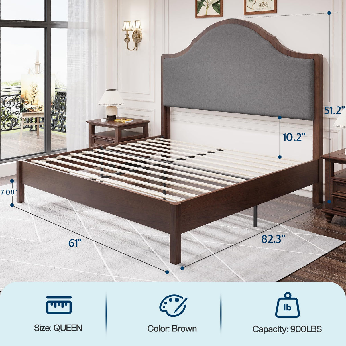 Jocisland Wood Queen Size Bed Frame with Tall Upholstered Curved Headboard, Solid Wood Platform, No Box Spring Needed, Wood Slat Support, Brown Jocisland