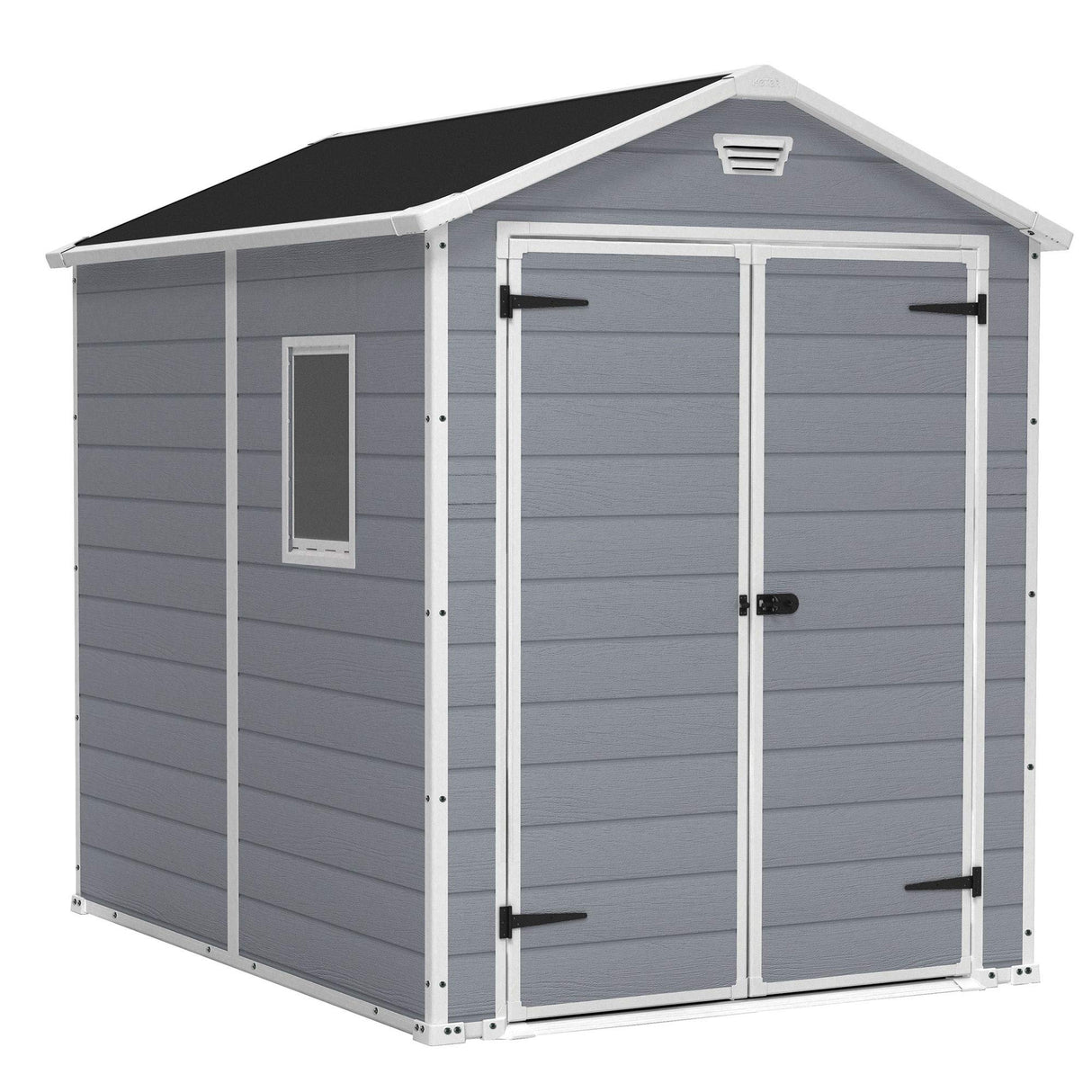 Keter Manor 6 x 8 Foot All Weather Garden Tool Outdoor Storage Shed Durable Resin Organizer with Lockable Double Doors and Fixed Window, Gray Keter