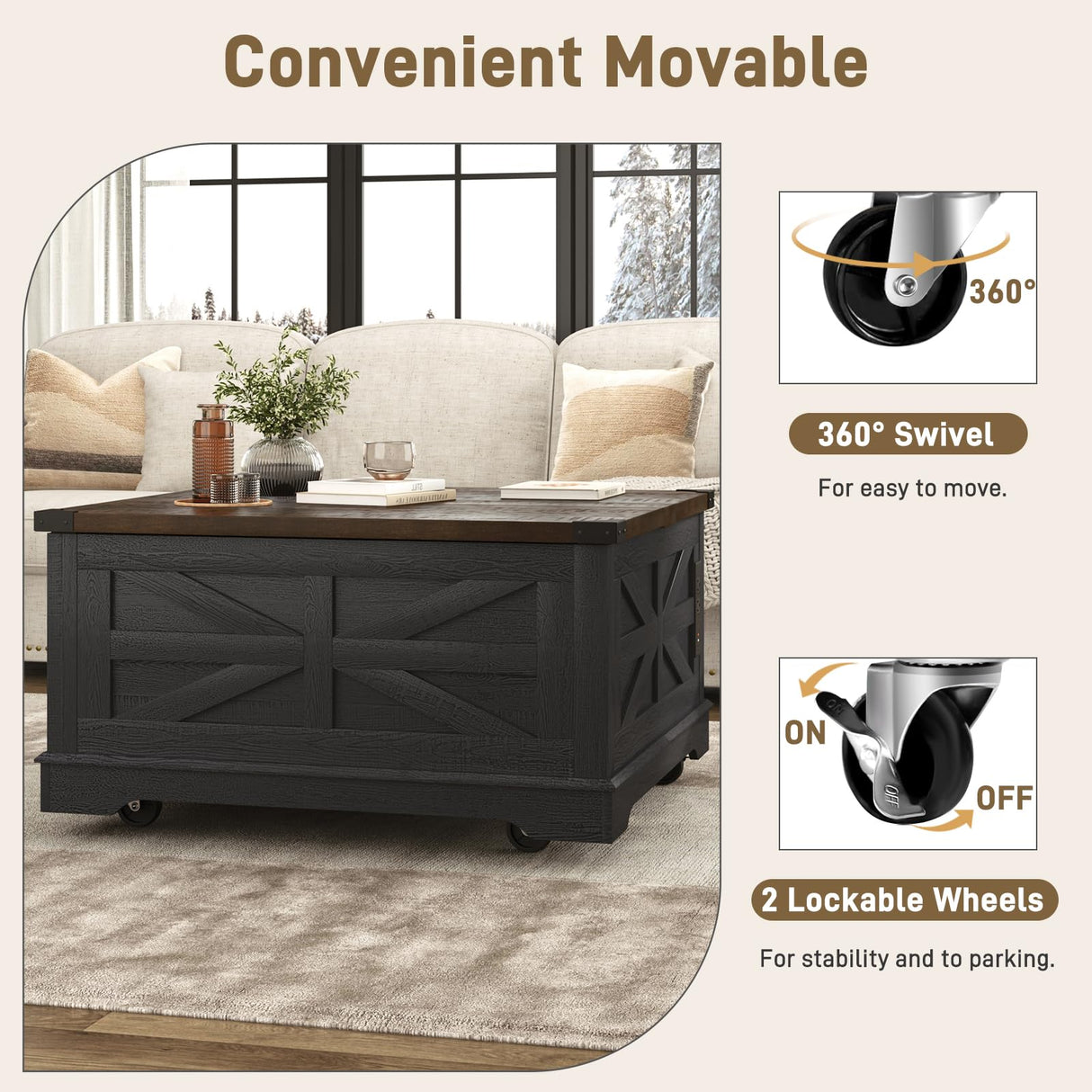 Hlivelood 36" Farmhouse Movable Lift Top Coffee Table with Storage and Power Outlets, Square Wood Living Room Tables with Wheels&Large Hidden Space, Lift Wooden Barn Door Center Table, Black Hlivelood