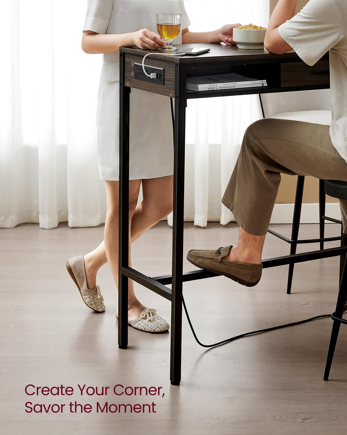 VASAGLE Ash Brown Bar Table with Power Outlet and Movable Drawer, 47.2 Inches High Top Dining Table VASAGLE