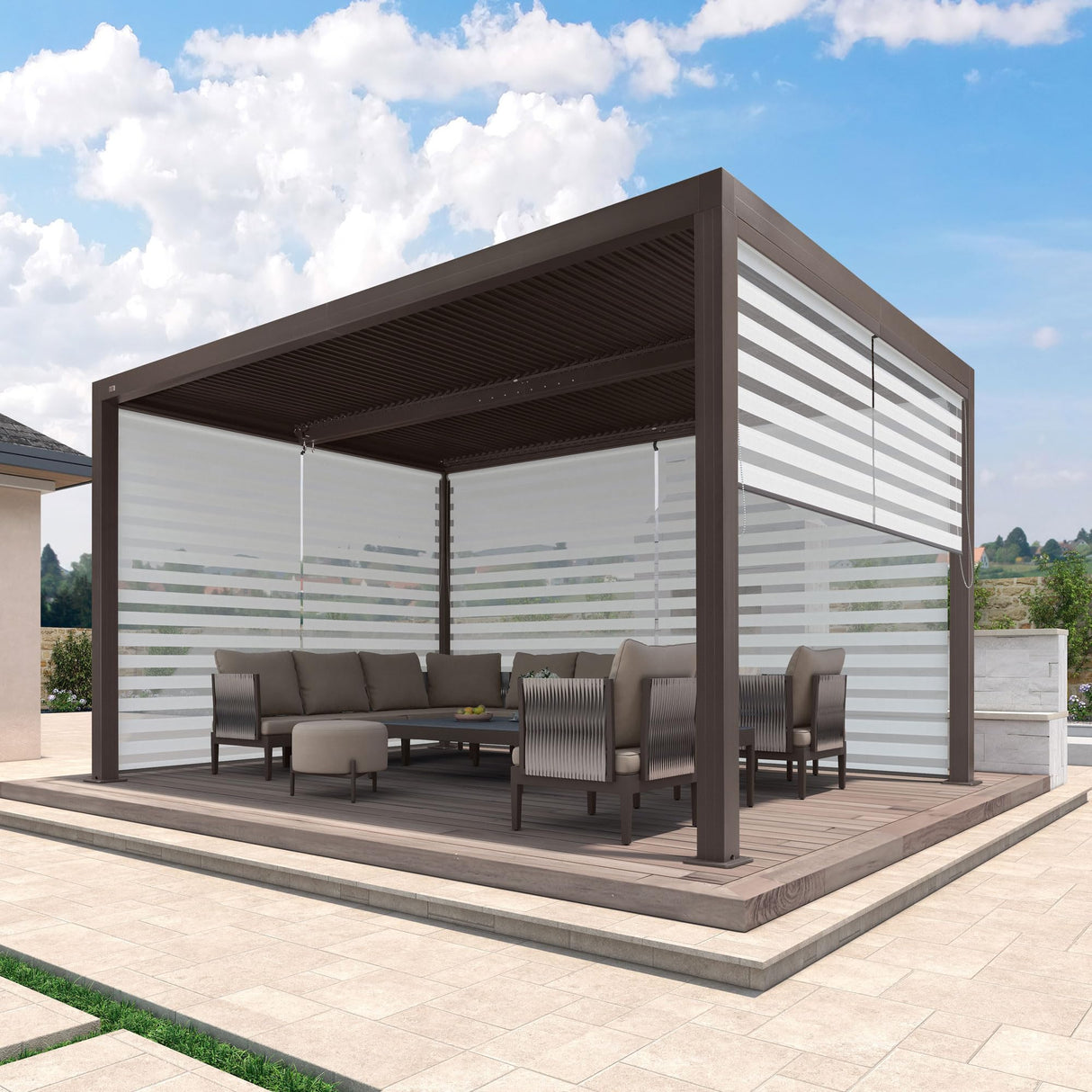 PURPLE LEAF Outdoor 10' × 14' Louvered Pergola with Roller Blinds Patio Adjustable Aluminum Canopy Retractable Metal Roof for Deck Outside Backyard Hardtop Gazebo Sun Shade, 2 Short and 1 Long Side PURPLE LEAF