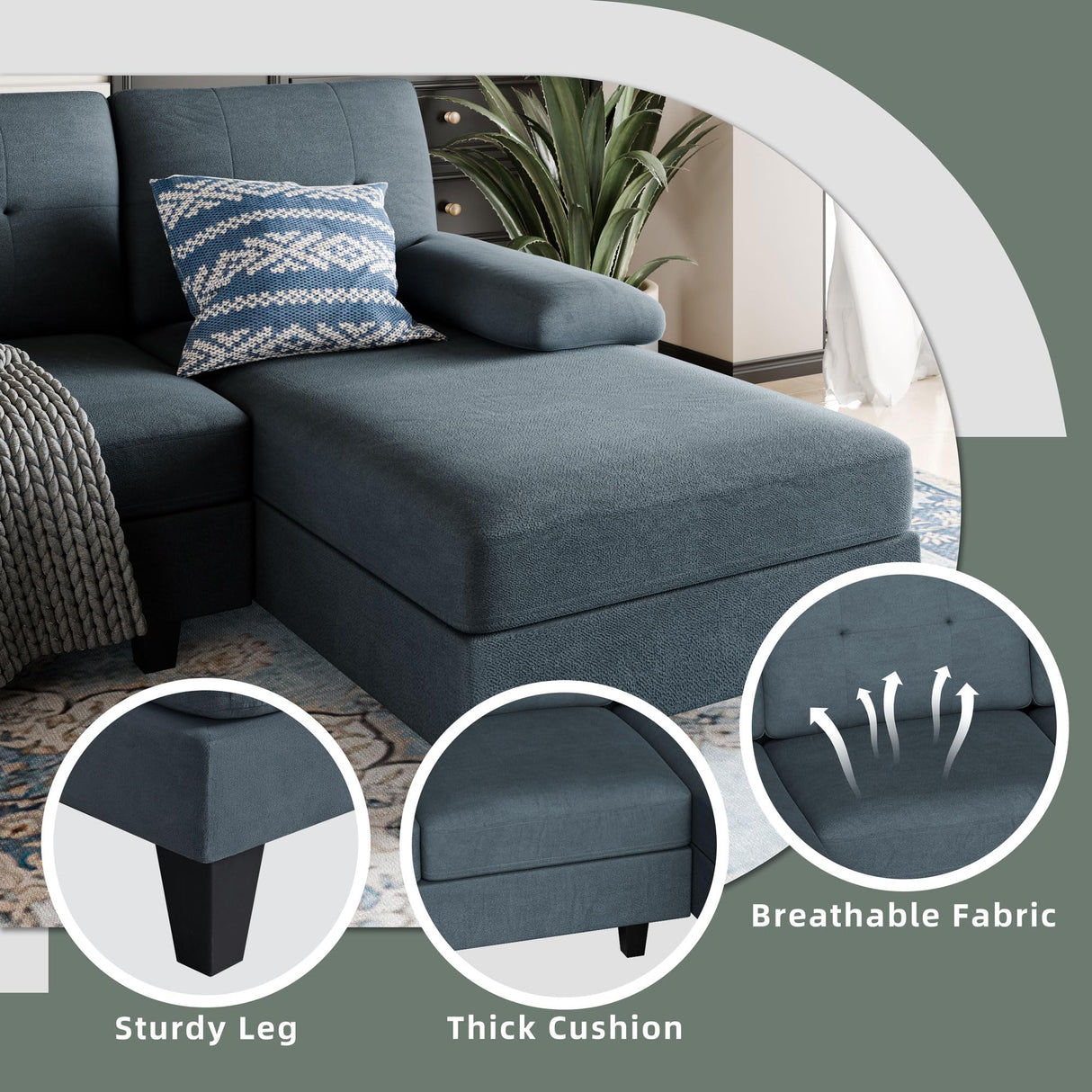 Shintenchi U-Shaped Sectional Sofa with Double Chaise, 4-Seat Linen Fabric Living Room Furniture Set, Dark Grey Shintenchi