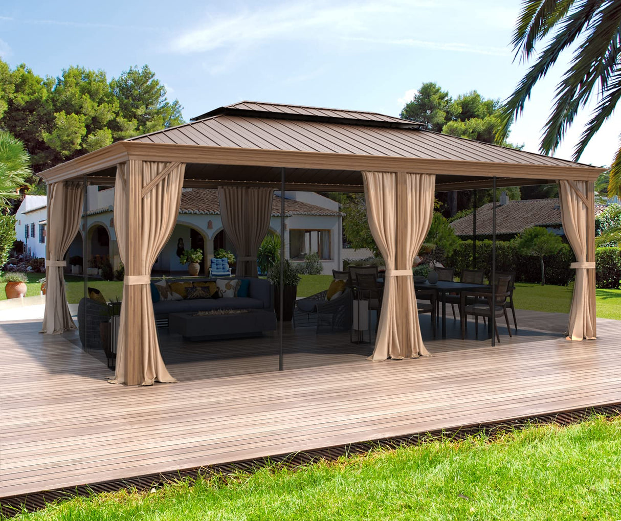 MELLCOM 14' x 20' Hardtop Gazebo, Wooden Finish Coated Aluminum Frame Gazebo with Galvanized Steel Double Roof, Brown Metal Gazebo with Curtains and Nettings for Patio, Lawn & Garden MELLCOM