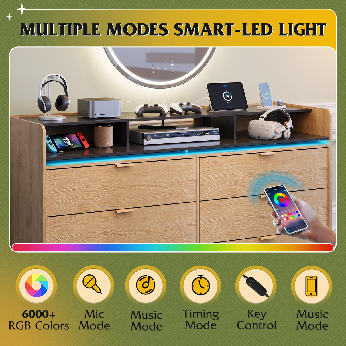 WLIVE 9 Drawer Led Dresser for Bedroom, 58.35'' Wide Wood Dresser Storage Organizer with Power Outlets for 65'' TV, Dressers with Open Shelves, Chest of Drawers for Closet, Living Room, Light Oak WLIVE