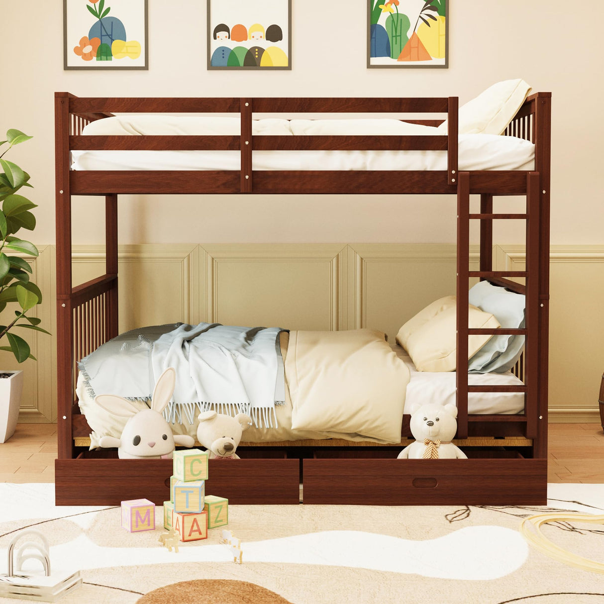 Merax Wood Bunk Bed with Drawers, Full Over Full Convertible Wood Bunk Bed with Ladders and Two Storage Drawers,Solid Wood Detachable Bunk Bed Frame with Ladders, Espresso Merax
