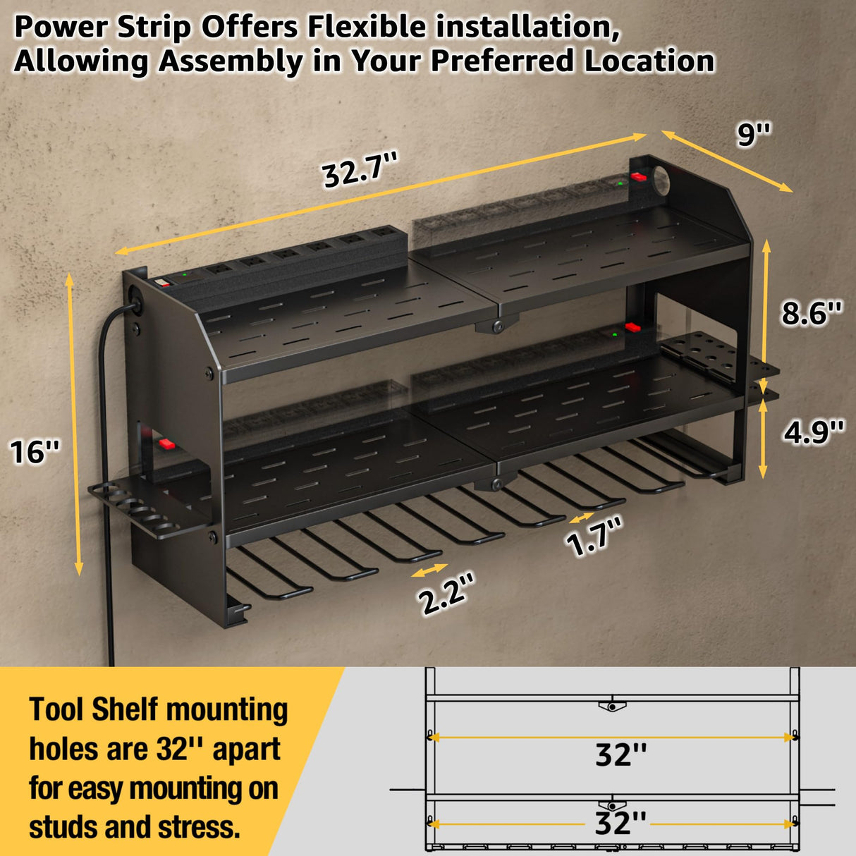 YYR Power Tool Organizer with Charging Station Wall Mount, Cordless Drill and Battery Holder for Garage Organization, Electric Tools Storage Rack Build in Surge Protection Power Strip - Black Shelf YYR