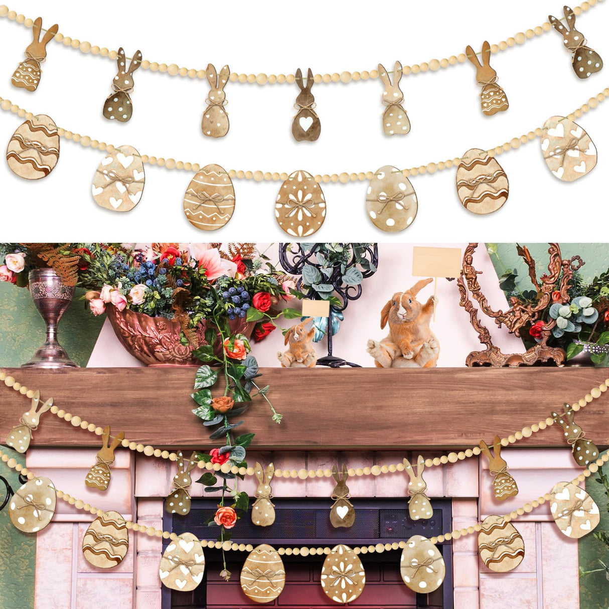 Marsui 2 Pcs 6 FT Easter Day Wooden Beads Garland Rustic Farmhouse Banner Spring Garland Easter Mantel Decorations Rabbit Egg Beaded Tiered Tray Decor for Celebration Shelf Display Fireplace Wall Marsui