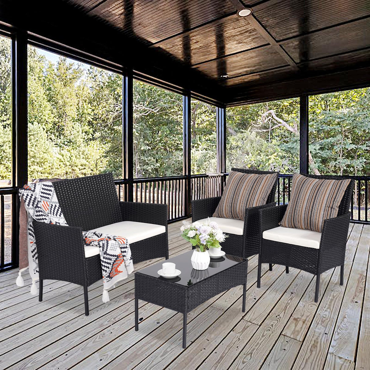 PAIQIAN Patio Furniture Set,4 Piece Garden Conversation Set, Outdoor Wicker Rattan Table and Chairs, Black Patio Set, Sectional Sofa with Thick Cushion for Garden, Yard, or Porch (Black/Beige) PAIQIAN