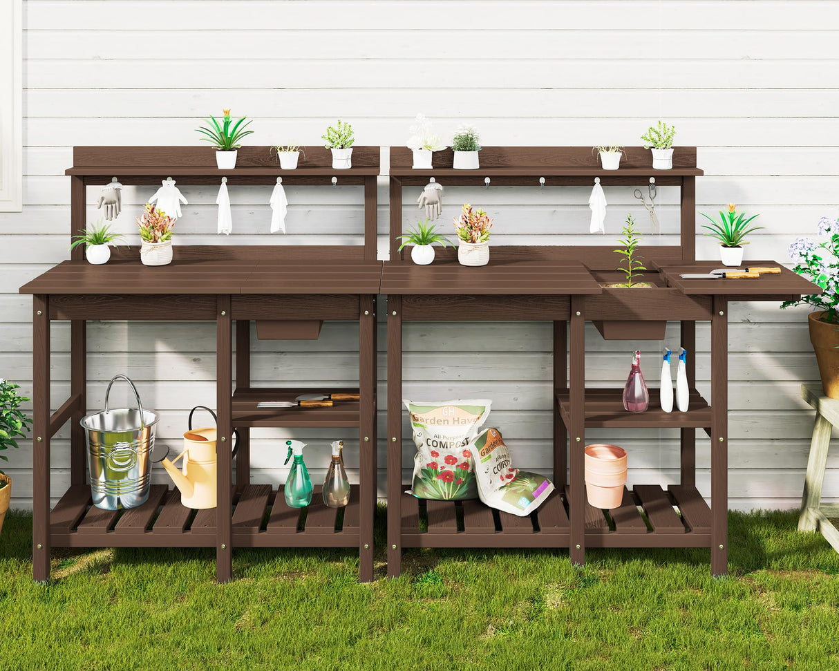 SERWALL Outdoor Potting Bench with Removeable Sink,Rot-Resistant HDPE Potting Table for Outside Gardening, All Weather Use - Coffee SERWALL