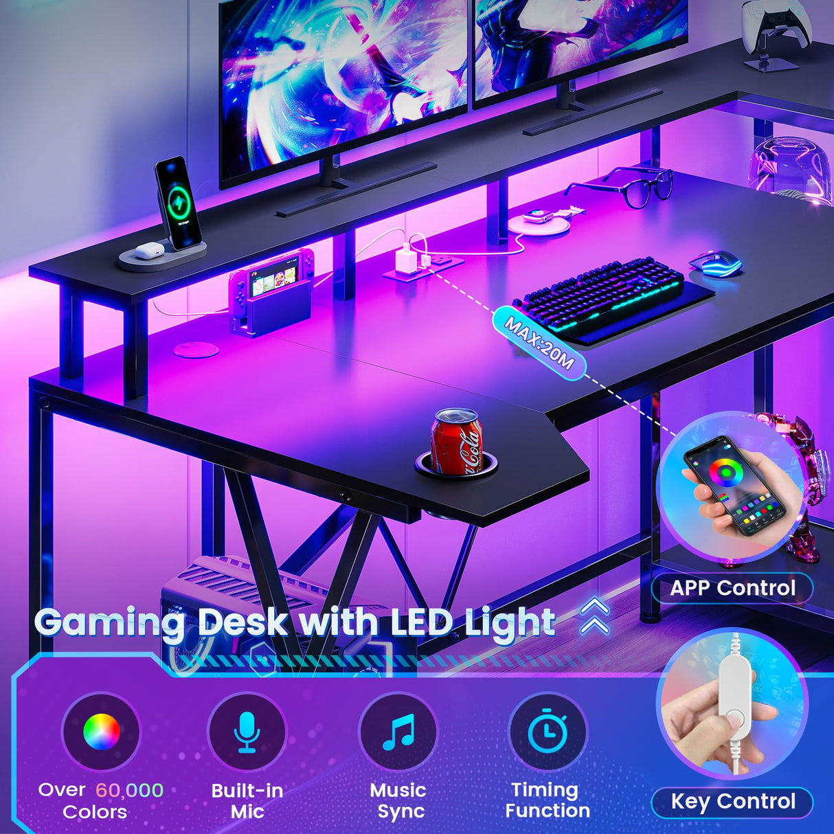 SEDETA Gaming Desk 55'' with LED Lights and Storage Shelves, Computer Desk with Monitor Stand, Power Outlets and Cup Holder, Large PC Gamer Desk, Gaming Table for Bedroom, Living Room, Black SEDETA