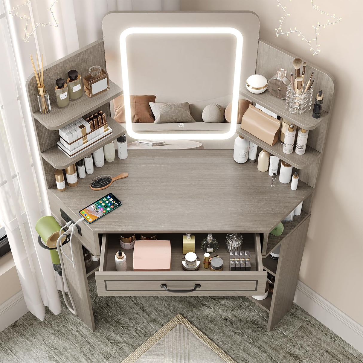 Makeup Vanity Desk, Corner Vanity with Large LED Mirror,Lots Open Shelves,Gray Vanity with Charging Station,Farmhouse Makeup Vanity Table with 3 Lighting Modes, Brightness Adjustable Maupvit