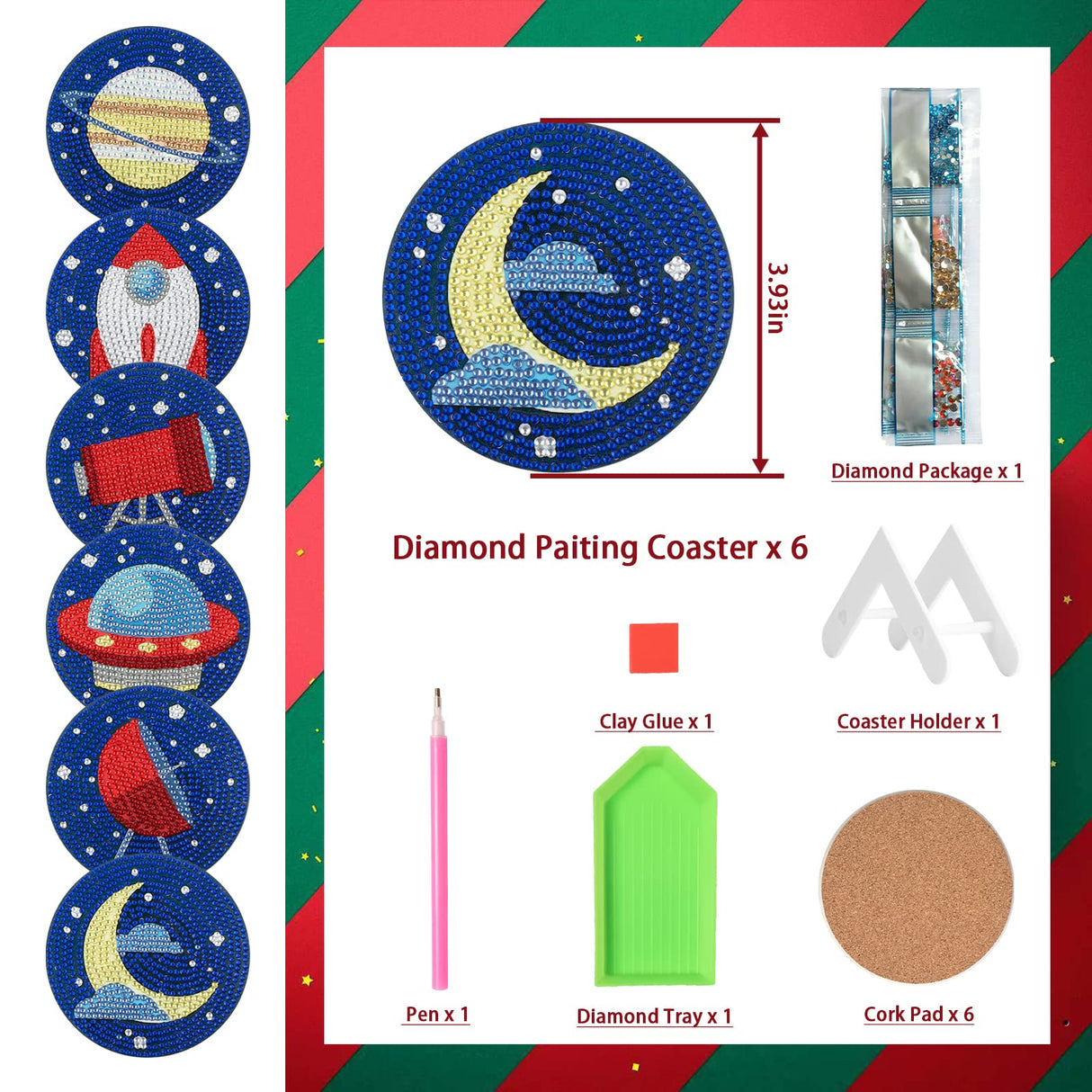 6 Pcs Starry Sky Diamond Art Acrylic Coasters with Cork Base and Holder, DIY 5D Diamond Painting Coasters Kit for Adults, Planet Rocket Moon Spaceship Design, Creative Table Decor Crafts antor