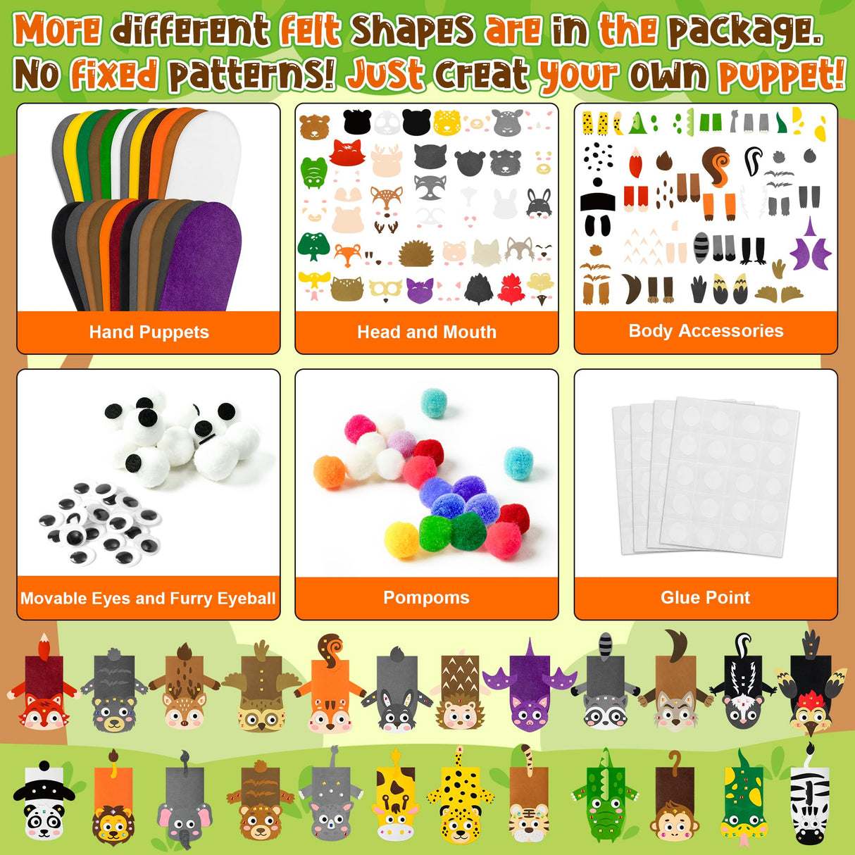 WATINC 24Pcs Hand Puppet Making Kit for Kids Large Medium Art Craft Felt Sock Puppet Creative DIY Make Your Own Puppets Pipe Cleaners Pompoms Storytelling Role Play Party Supplies Gift for Girls Boys WATINC