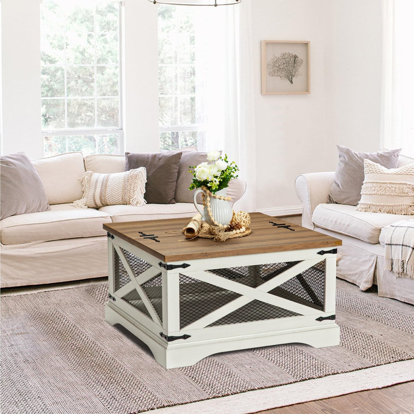 HOKYHOKY Square Coffee Table with Storage, 31.5" Farmhouse Wood Center Table with Hinged Lift Top, Industrial Coffee Table Rustic Rectangle Cocktail Table for Living Room (Distressed White)