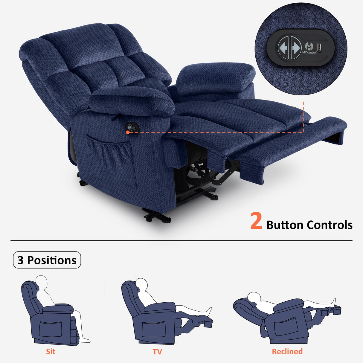 MCombo Zero Gravity Power Recliner Chair with Heat and Vibration Massage, Reclining Chair with USB Ports, Cup Holders for Living Room, Fabric R6233 (Navy Blue) MCombo
