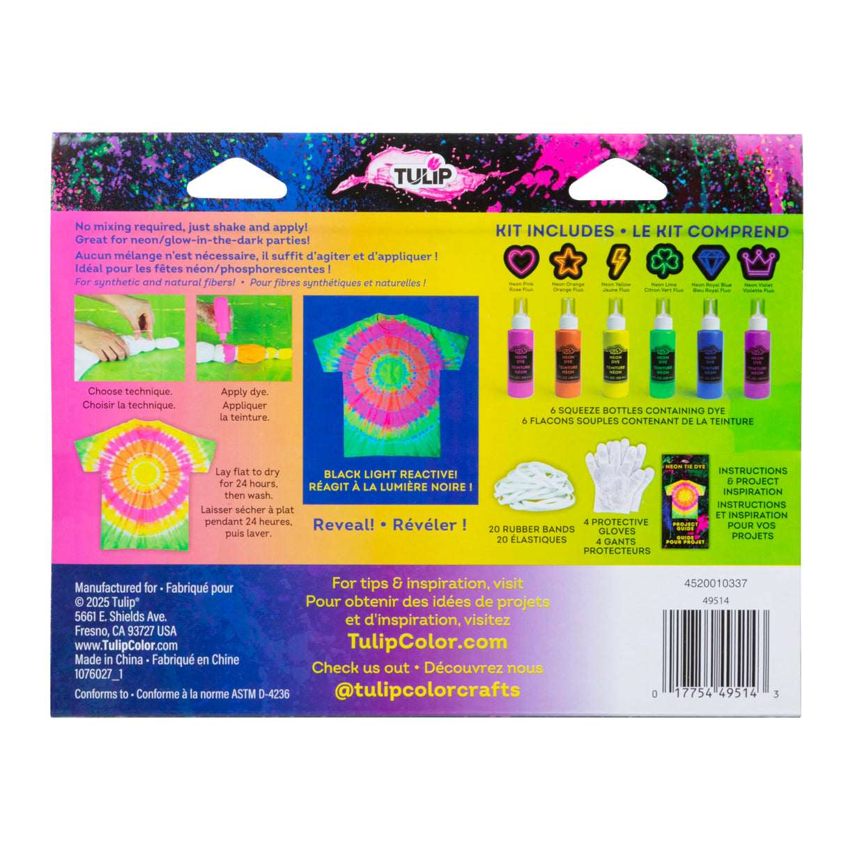 Tulip Neon Tie-Dye Kit, Blacklight Reactive, Easy Application & Techniques, No Mixing, Just Shake & Apply Fabric Dye, Neon Craft Party Activity, 6-Color Kit, 31 pcs Tulip