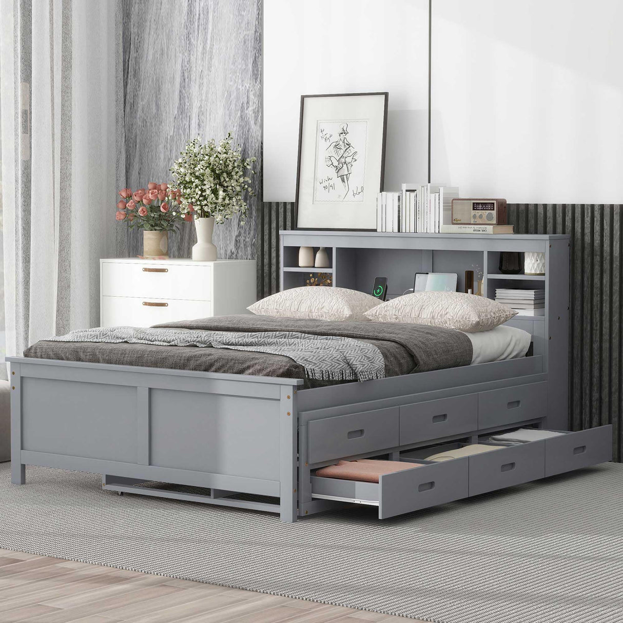 Full Size Platform Bed with Storage Headboard, Full Size Platform Bed with Twin Size Trundle and 3 Drawers&USB, Solid Wood Bed Frame with Storage for Kids,No Box Spring Needed. (Gray) Bellemave