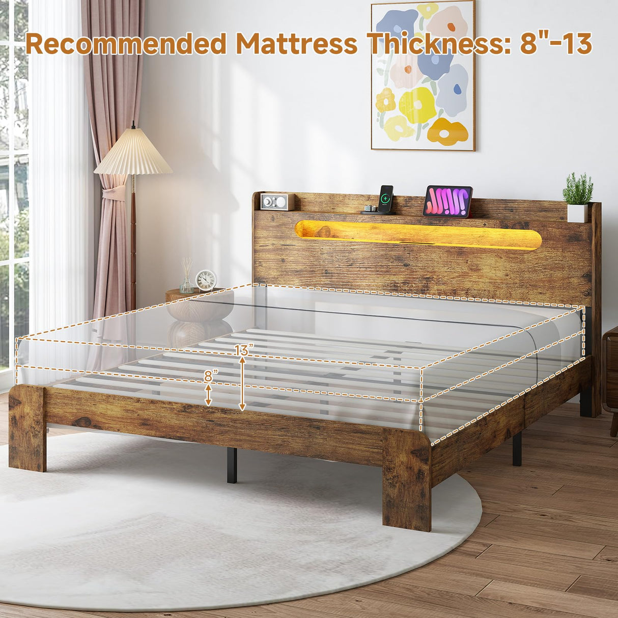 Kiivakii King Bed Frame with Storage Headboard, King Platform Bed Frame with LED Light and Charging Station, Durable Frame, No Noise, No Box Spring Needed, Dark Brown Kiivakii