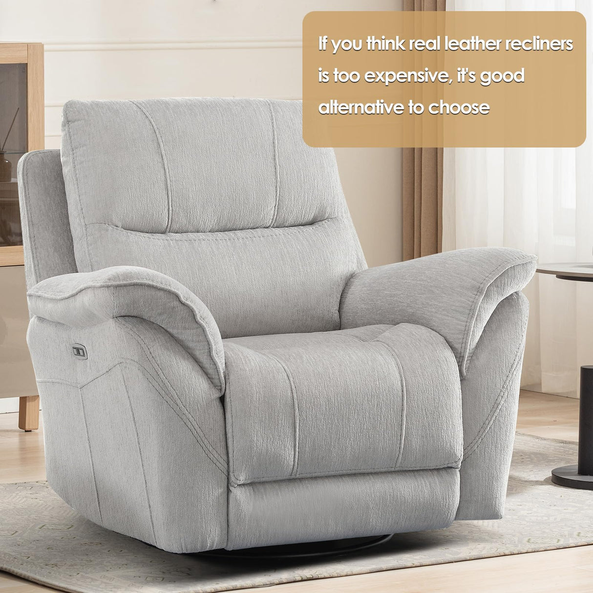 INZOY Glider Recliner Nursery Chair, Power Recliner Swivel Glider, Fabric Electric Swivel Recliner Rocker with Overstuffed Backrest, Power Recliner Chair Reclining Sofa for Living Room, Light Grey INZOY