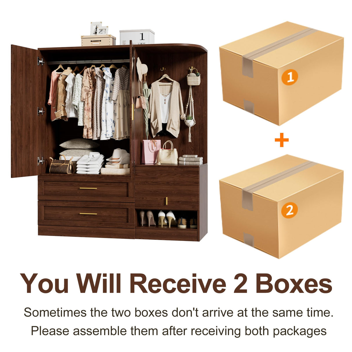 PAKASEPT 2 Doors Armoire Wardrobe Closet with Mirror,71'' Tall Freestanding Wooden Wardrobe Closet Farmhouse Storage Cabinet for Bedroom with Hanging Rod,Clothes Hook,Drawers,Hidden Bench,Retro Brown PAKASEPT