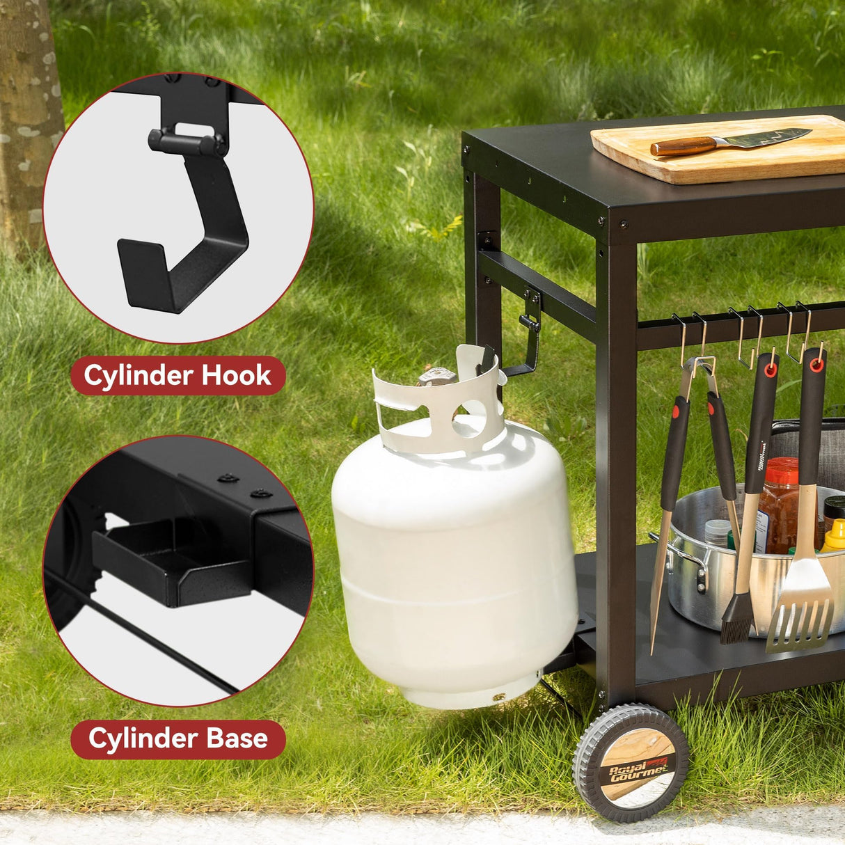 Royal Gourmet Dining Cart Table with Double-Shelf, Movable Stainless Steel Flattop Grill Cart, Hooks, Side Handle, Multifunctional PC3401B (Black) Royal Gourmet