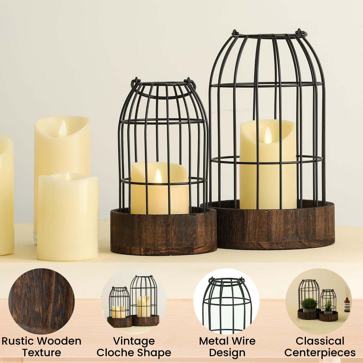 Perfnique Decorative Candle Lantern, Set of 2 Farmhouse Table Lanterns for Home Decor, Rustic Table Centerpieces for Dining Room, Fireplace Mantle Kitchen Decoration (Walnut) PERFNIQUE