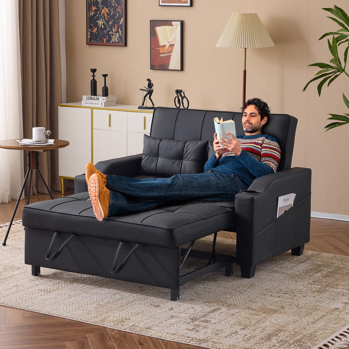 VINGLI Black Futon Sofa Bed Convertible Loveseat Sleeper Couch, Faux Leather Pullout Sofa Fold Out Couch Bed with USB Ports, Cup Holders, Armrest for Living Room, Bedroom Apartment Room VINGLI