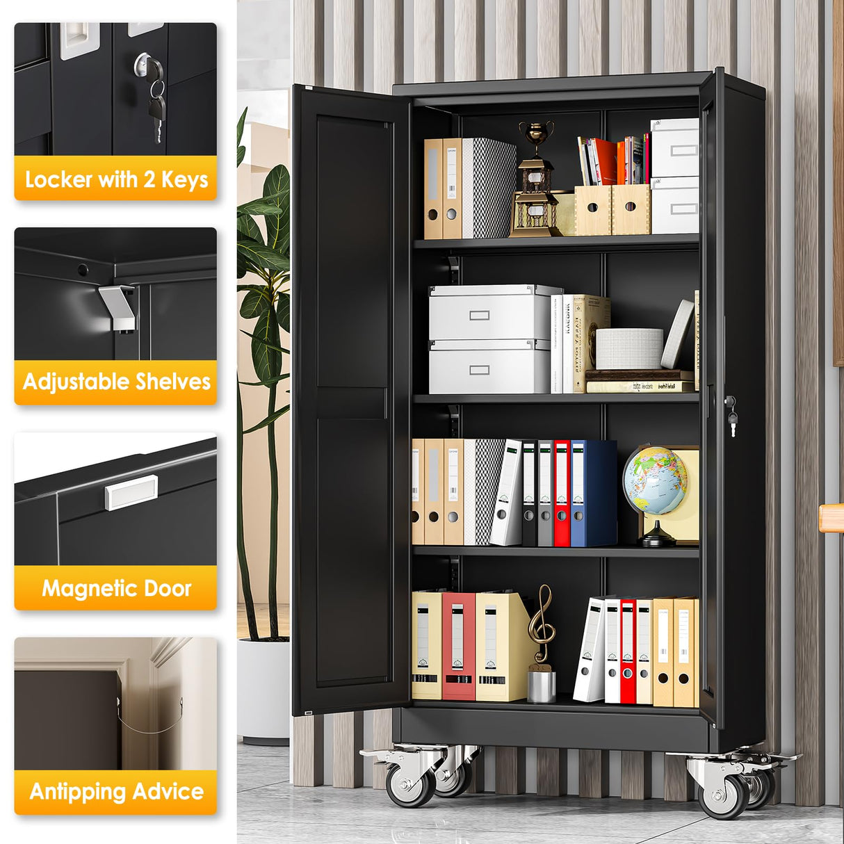 PAOFIN 61''H Metal Garage Storage Cabinet with Wheels,Steel File Cabinets with 2 Doors and 3 Adjustable Shelves for Home Office, Warehouse, Required Assembly,Black PAOFIN