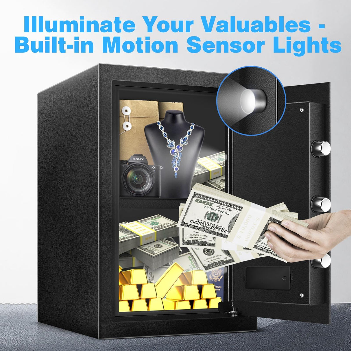 Fdsutvit Safe Box 2.2 Cu Ft, Steel Security with Digital Electronic Keypad, Safety Lock Box, Sensor Light, Removable Shelf, Home Safe for Valuables Documents Money Jewelry Guns Fdsutvit