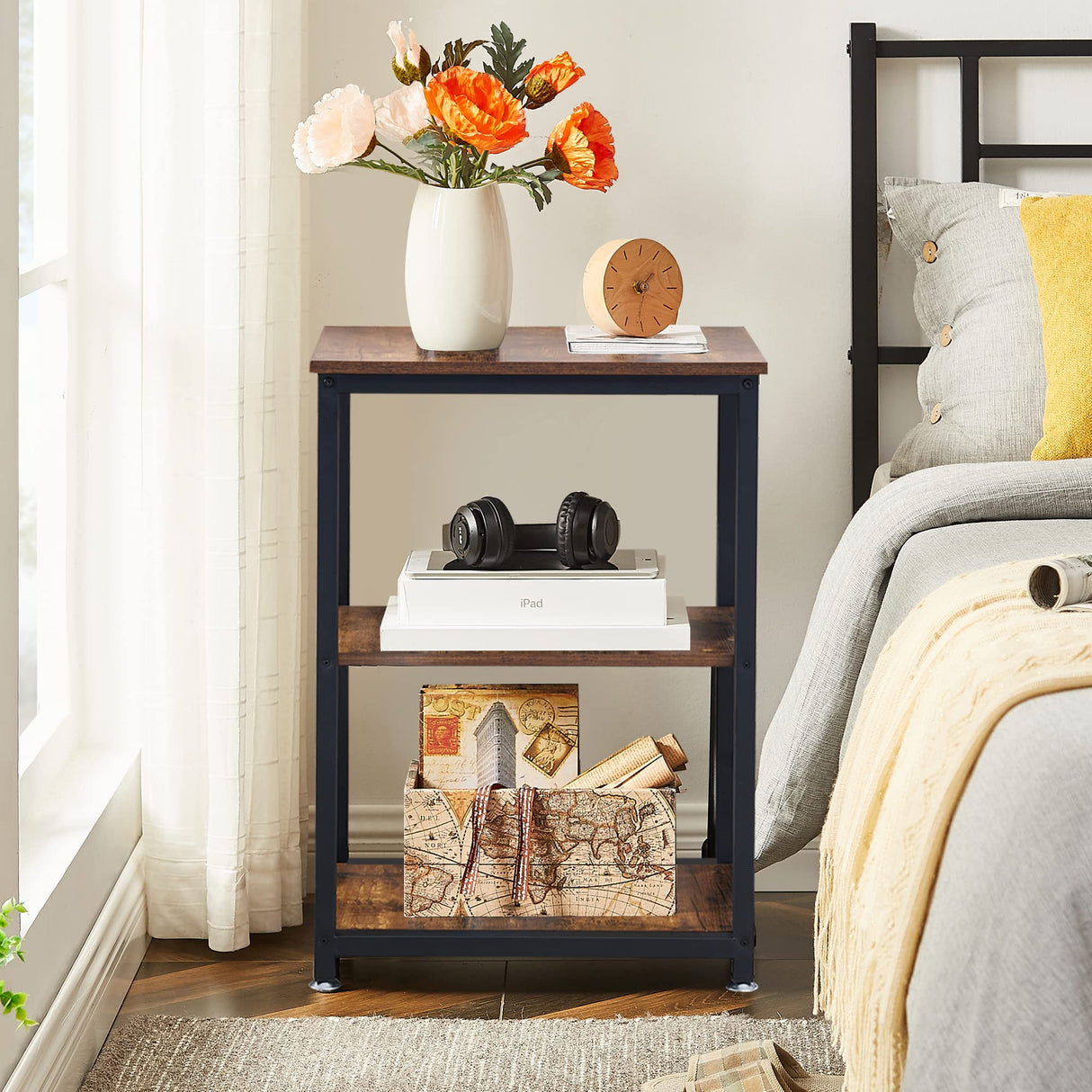 VECELO Tall End Side Table,30" Height Nightstand with 3-Tier Storage Shelf for Living Room Bedroom Office Hallway Study VECELO