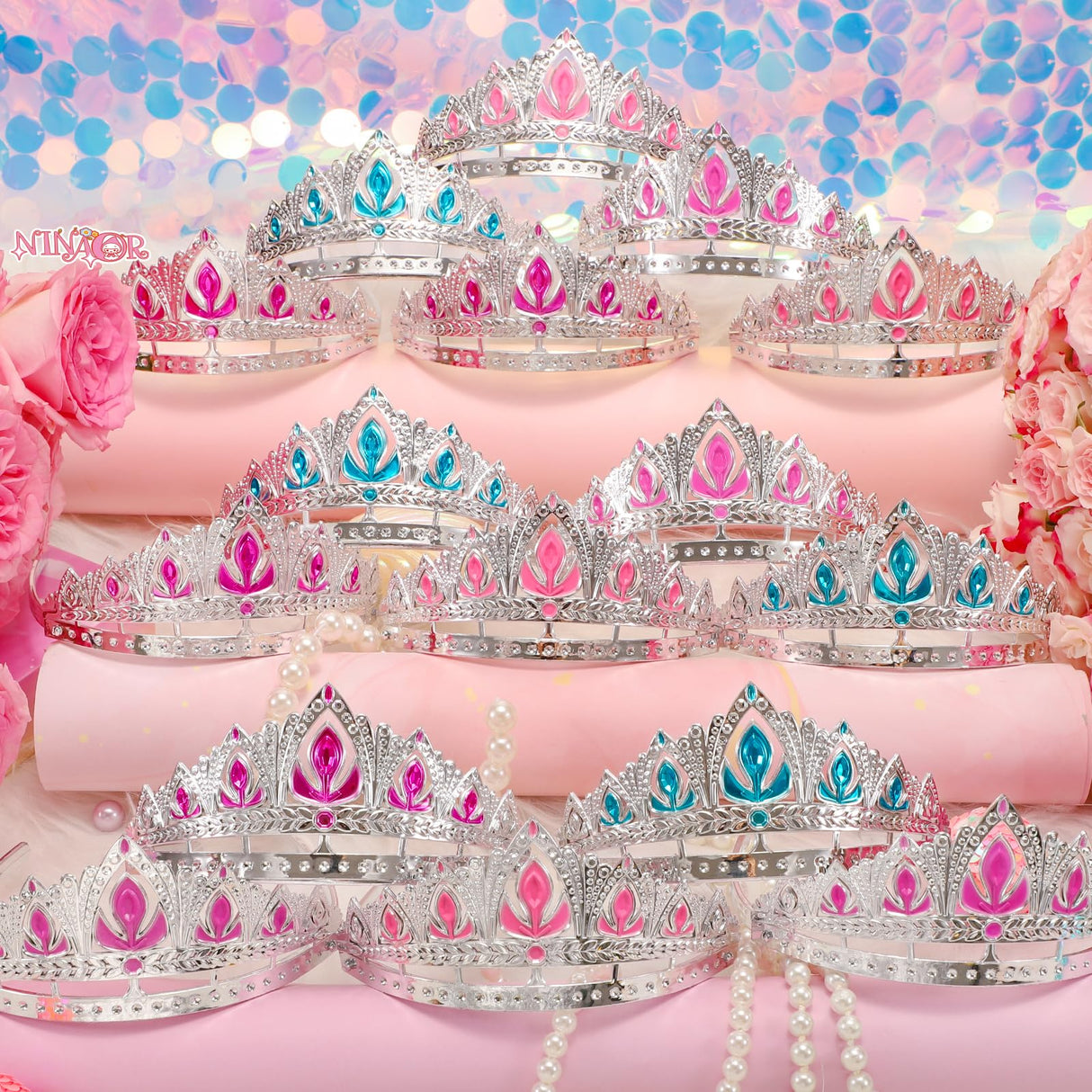 NINAOR Princess Crown Party Favors, 16Pcs Princess Dress Up Tiaras for Birthday Girl Cosplay Accessories, Princess Pretend Play Jewelry Party Supplies NINAOR
