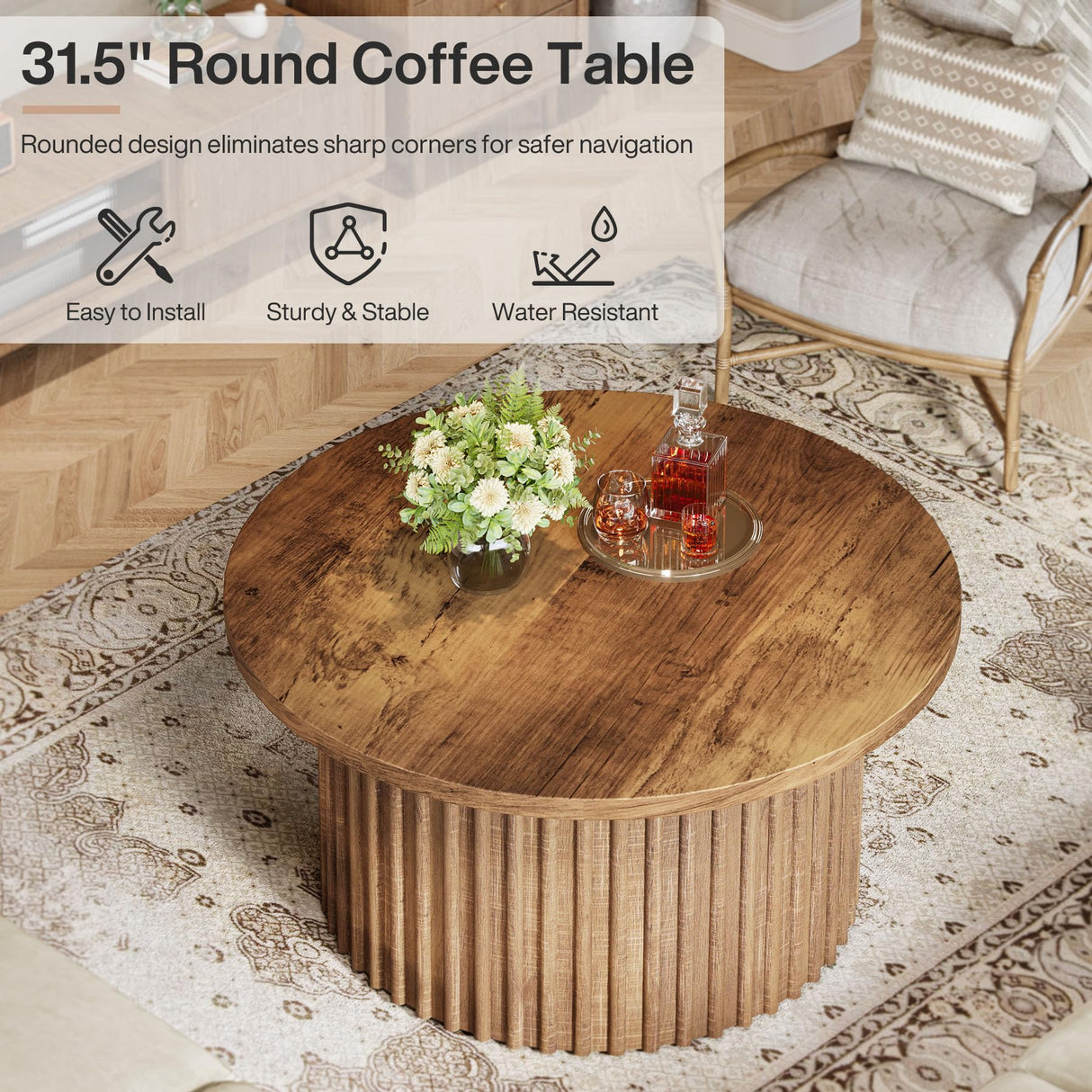 Tribesigns 31.5" Round Coffee Table, Farmhouse Circle Coffee Table with Metal Base, Modern Wood Accent Center Table Sofa Side Table for Living Room, Home Office, Wood Grain Veneer Top Tribesigns