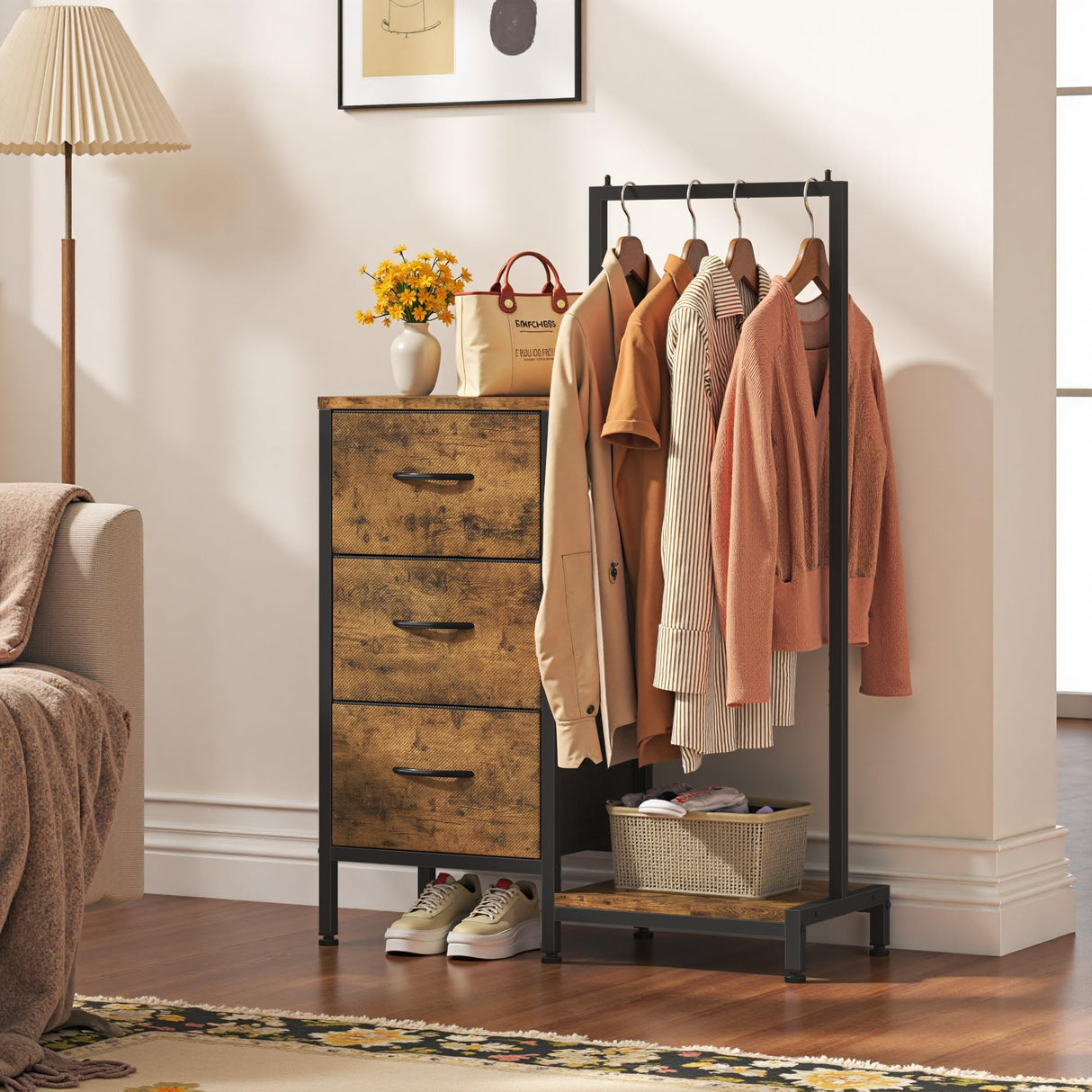 AFLUI Dresser for Bedroom with Hanging Rack, 3 Drawers Dresser for Bedroom - Rustic Brown AFLUI