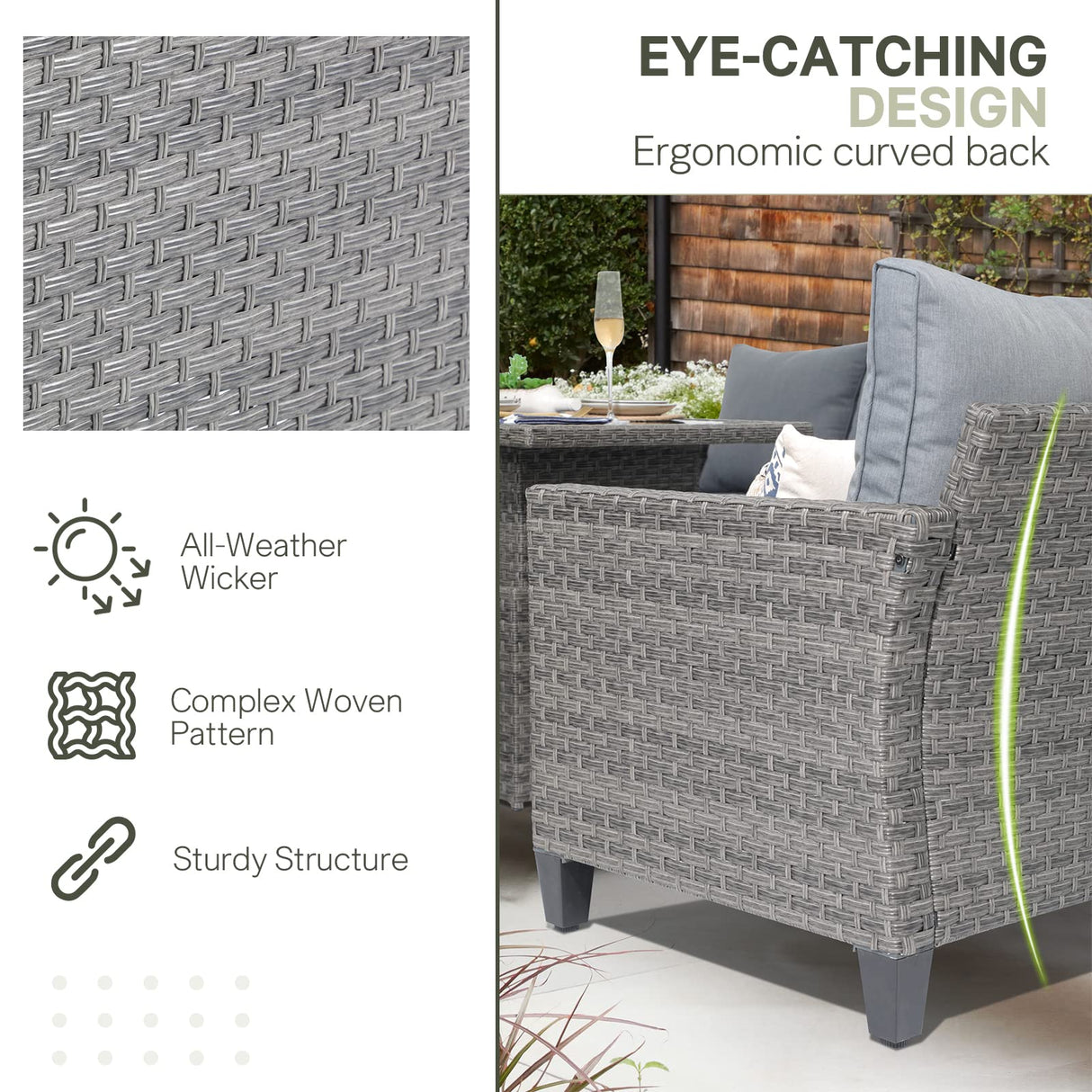 SUNSITT Outdoor Patio Furniture Set 6 Piece Wicker Conversation Set with Lift Coffee Table Sectional Dining Set 3 Seat Sofa Couch with Ottoman, Grey Wicker & Grey Cushion SUNSITT